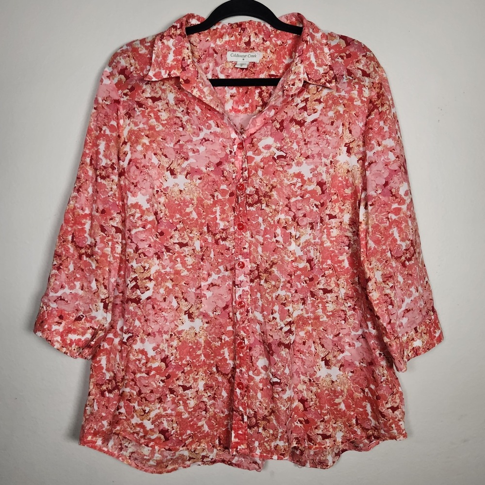 Coldwater Creek Womens 1X Pink Abstract Floral bButton Up Blouse Top Career